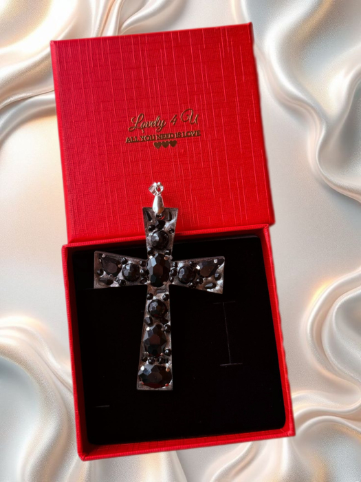 Broșă cruce  cu cristale onix - bijuterii handmade brosa și colier cruce, mesaj pe verso: BELIEVE IN YOURSELF [2]