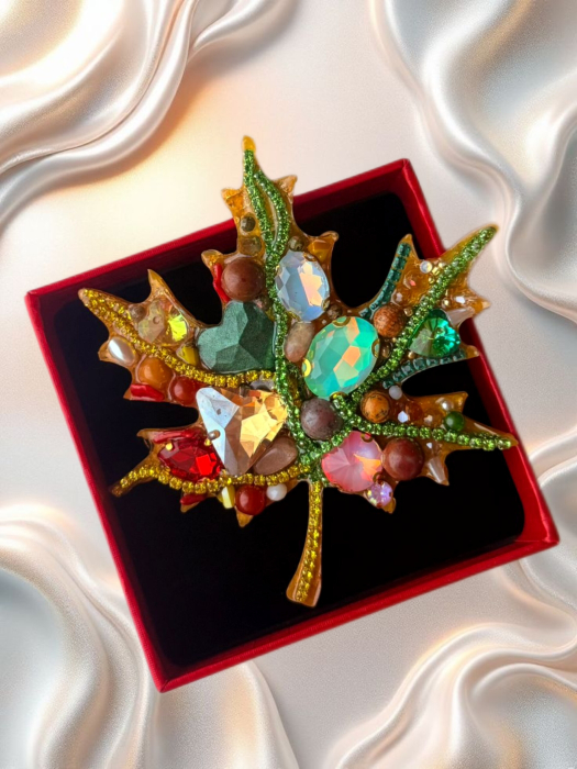 Broșă eleganta cu pietre semiprețioase Jasp, jad, unakit , coral , citrin - frunză handmade  brosa mare , mesaj pe verso, model unicat [3]