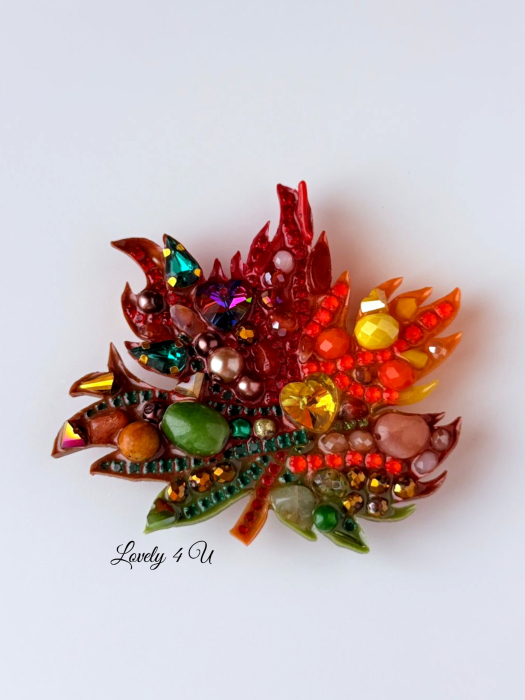 Broșă frunză toamnă handmade cu pietre semiprețioase – citrin, jad, unakit, jasp, coral, carneol – model unicat LOVELY 4 U [6]