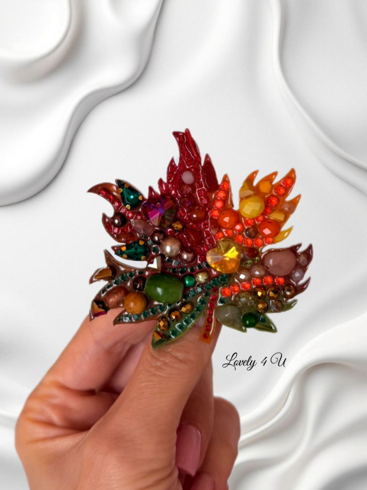 Broșă frunză toamnă handmade cu pietre semiprețioase – citrin, jad, unakit, jasp, coral, carneol – model unicat LOVELY 4 U [4]