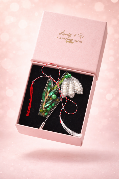 Brosa ghiocel handmade cu pietre semiprețioase jad, unakit si perla Swarovski,  mesaj pe verso YOU ARE  BEAUTIFUL [2]