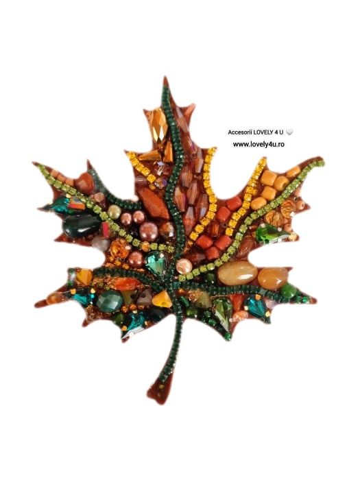 Broșă handmade frunză cu pietre semiprețioase, bijuterie unicat cu jad verde, citrin, carneol și perle – Lovely 4 U, idei cadou unicat [3]