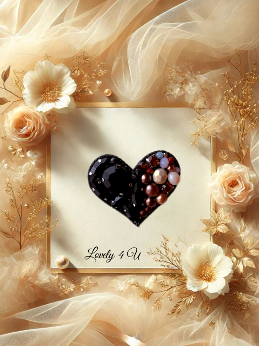 Broșă inima handmade, Model unicat cu perle și pietre în nuanțe de negru, crem maro, idei cadou, mesaj Sparkle every day, Love yourself, Shine on [5]