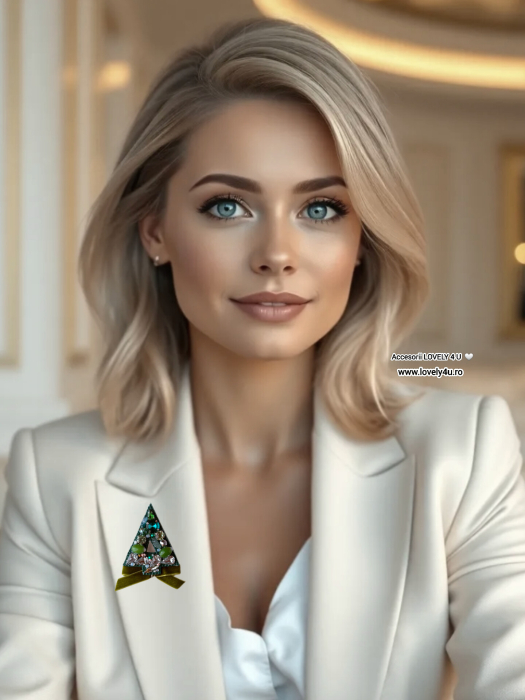 Broșă LOVELY CHRISTMAS TREE - brosa eleganta handmade cu pietre semiprețioase jad, unakit, pietre, cristale- idei cadou unicat, mesaj pe verso : RADIEZI LUMINA SI FRUMUSETE, IN TINE STA TOATA  MAGIA [2]