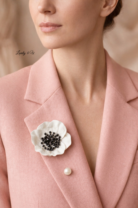 Brosa Statement Alb-Negru cu Onix – Floare Handmade Unicat  Brosa Mac Alb Eleganta cu Cristale Negre si Onix – Handmade Romania [4]
