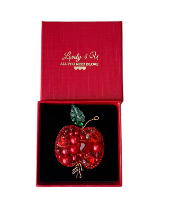 Broșă măr elegantă handmade cu crist, perle, pietre coral roșu, cu mesaj motivational Believe in yourself , ALL YOU NEED IS LOVE, idei martisor [4]
