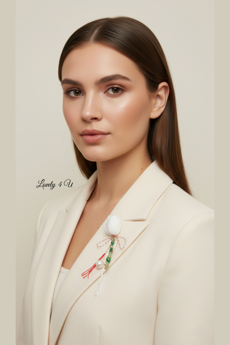 Brosa mărțișor lalea handmade cu perle si piatra semipretioasa piatra lunii [2]