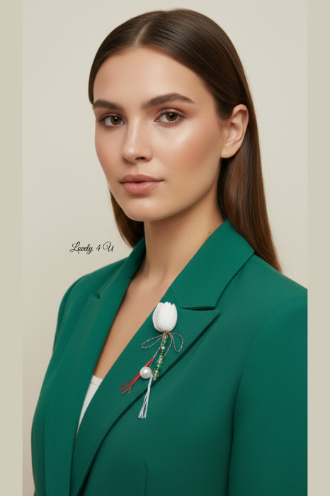 Brosa mărțișor lalea handmade cu perle si piatra semipretioasa piatra lunii [3]