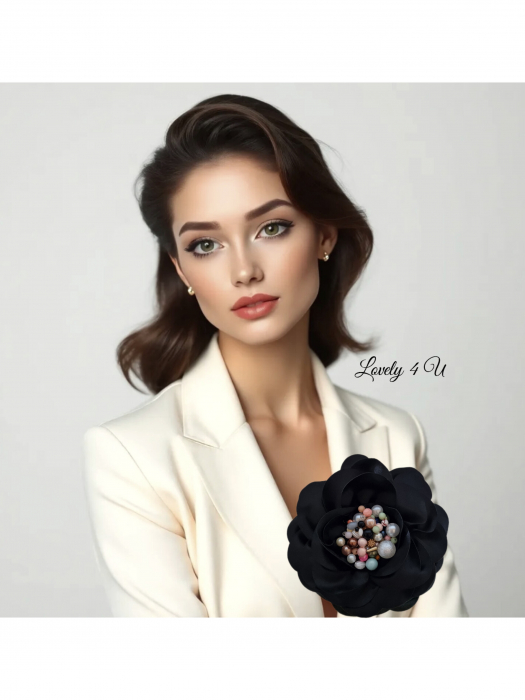 Accesorii LOVELY 4 U, Brosa floare textila, Brosa crem floare handmade, Brosa floare neagra, Floare textila mare, ,accesorii camasa, accesorii dama, accesorii elegante, accesorii fashion, accesorii perle, accesoriu de pus la gat, accesoriu elegant, accesoriu fashion. [2]