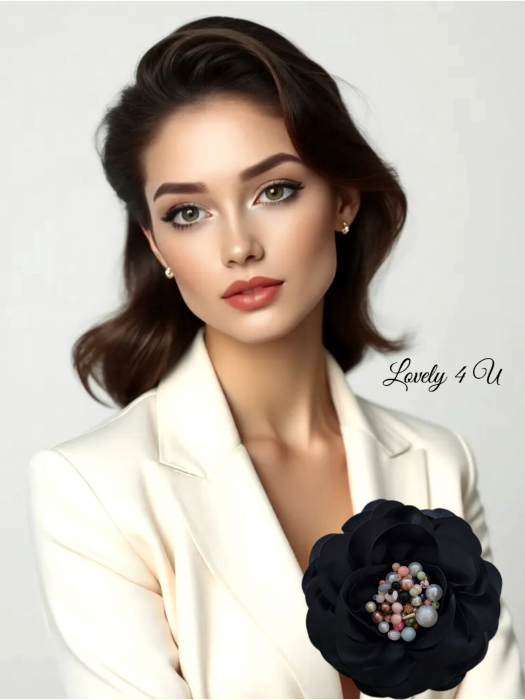 Accesorii LOVELY 4 U, Brosa floare textila, Brosa crem floare handmade, Brosa floare neagra, Floare textila mare, ,accesorii camasa, accesorii dama, accesorii elegante, accesorii fashion, accesorii perle, accesoriu de pus la gat, accesoriu elegant, accesoriu fashion. [3]