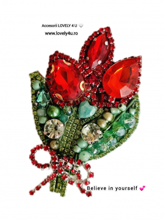 Broșă Buchet de Lalele Handmade – Cristale Swarovski, Perle, Mesaj Motivațional „SPARKLE EVERY DAY. LOVE YOURSELF [2]