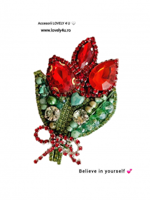Broșă Buchet de Lalele Handmade – Cristale Swarovski, Perle, Mesaj Motivațional „SPARKLE EVERY DAY. LOVE YOURSELF [6]
