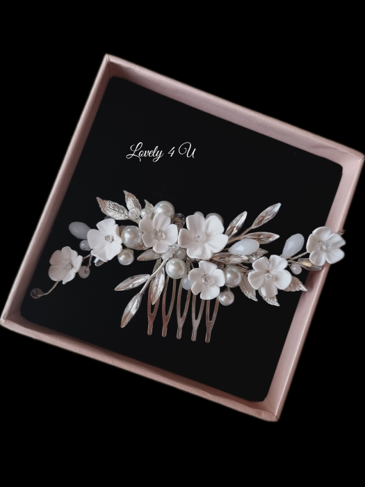 Diadema cu flori, PIEPTAN MIREASA, DIADEMA MIREASA, ACCESORIU PAR MIREASA, ACCESORII DE PAR MIRESE, ACCESORII NUNTA, ACCESORII CU PERLE, DIADEMA CU PERLE, PIEPTAN VOAL MIREASA, BIJUTERII PAR MIREASA, [2]