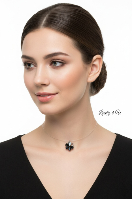 Choker cu Fir Invizibil și Pandantiv Fulg Negru din Cristal – Colier Elegant Handmade [3]