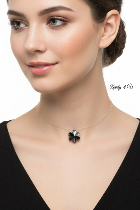 Choker cu Fir Invizibil și Pandantiv Fulg Negru din Cristal – Colier Elegant Handmade [2]