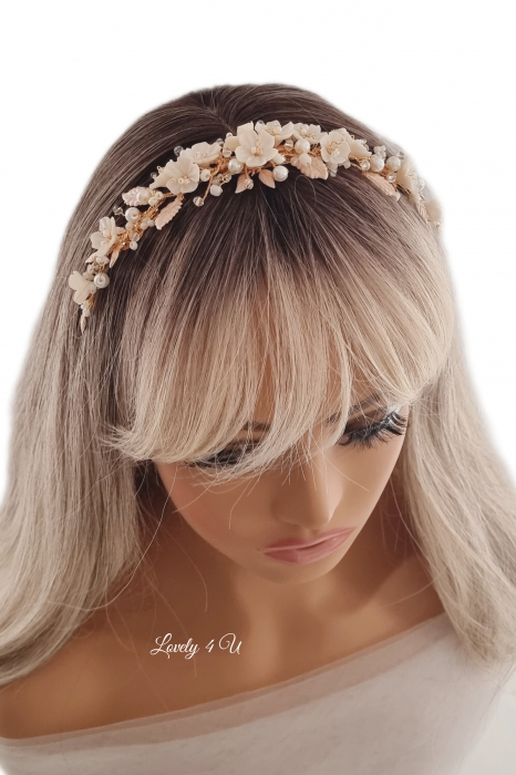 Diadema cu flori, Flori cireș, flori mireasă, Frunze aurii, Diadema mireasa cu perle, Diadema aurie, accesorii de par mireasa, bijuterii păr, accesorii, pieptan voal mireasa, accesorii voal mireasa [7]