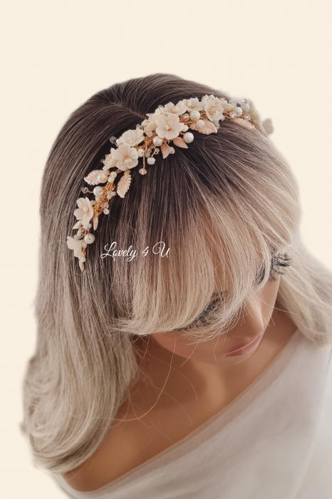 Diadema cu flori, Flori cireș, flori mireasă, Frunze aurii, Diadema mireasa cu perle, Diadema aurie, accesorii de par mireasa, bijuterii păr, accesorii, pieptan voal mireasa, accesorii voal mireasa [5]