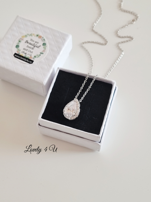 Colier argintiu elegant  GILDA, lantisor , zirconiu cubic, colier pandativ placat aur alb, picatura [3]