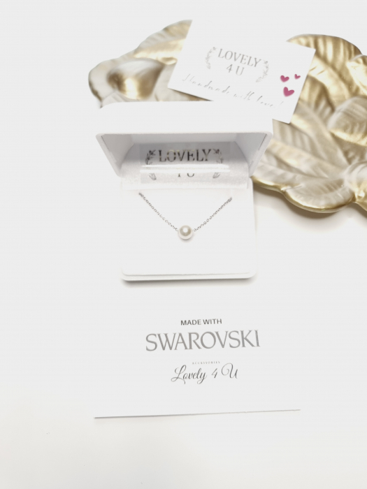 Colier cu perla Swarovski, Lantisor argint cu perla alba Swarovski, colier elegant realizat manual in Romania, idei cadou [3]