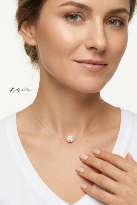 Colier transparent la baza gâtului , colier cu fir transparent / invizibil cu perla SHAMBALLA alba cu pietricele de 10mm, realizat manual in Romania [7]