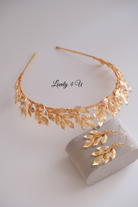 Coroniță cu frunze, Tiara cu frunze, Tiară mireasă handmade, CORONITA MIREASĂ HANDMADE, TIARĂ DE LUX, ACCESORII MIREASA PREMIUM, BIJUTERII MIREASA, FRUNZE AURII, TIARA CU CRISTALE, CORONITA AURIE [5]
