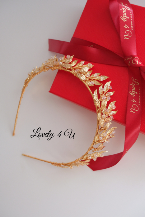 Coroniță cu frunze, Tiara cu frunze, Tiară mireasă handmade, CORONITA MIREASĂ HANDMADE, TIARĂ DE LUX, ACCESORII MIREASA PREMIUM, BIJUTERII MIREASA, FRUNZE AURII, TIARA CU CRISTALE, CORONITA AURIE [4]