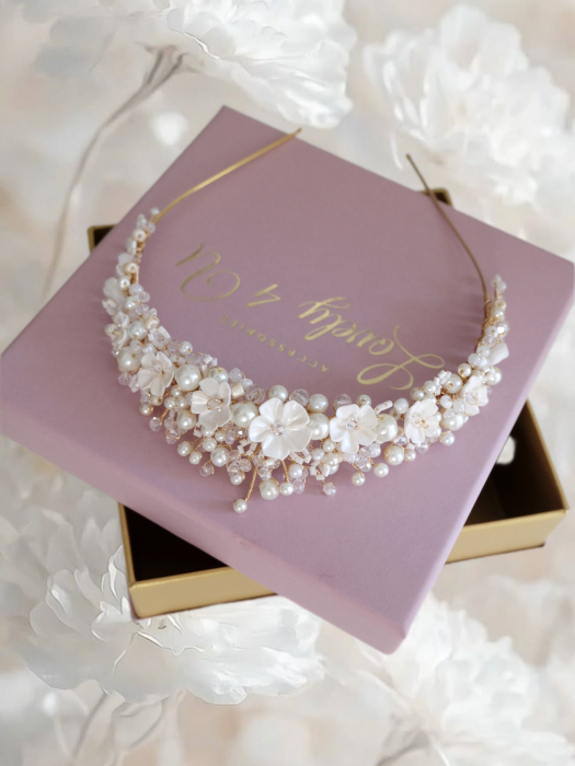 Coronita mireasa cu perle flori,  cristale Swarovski, bază placată cu aur AMALFI - Coronita printesa premium [7]