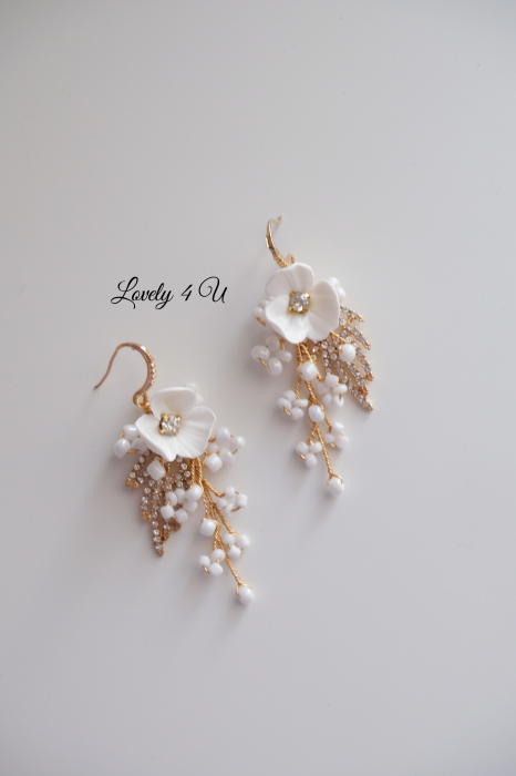 Cercei mireasa , cercei aurii mireasă, cercei lungi, cercei cu flori, cercei cu frunze, cercei handmade, bijuterii mireasa, Set bijuterii mireasa,  cercei eleganti mireasa, cercei handmade, cercei mireasa, [9]