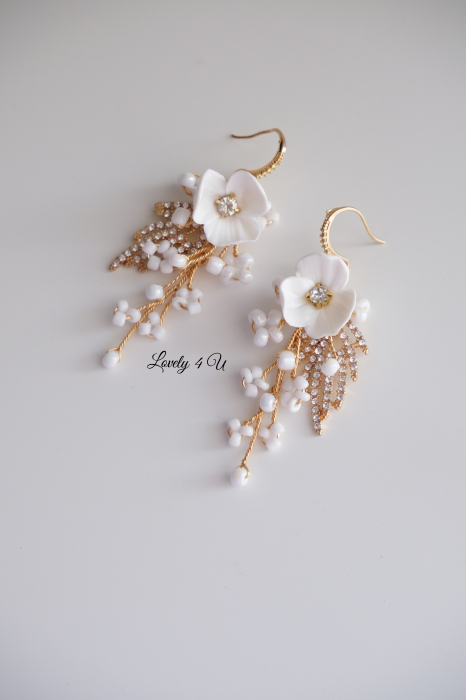 Cercei mireasa , cercei aurii mireasă, cercei lungi, cercei cu flori, cercei cu frunze, cercei handmade, bijuterii mireasa, Set bijuterii mireasa,  cercei eleganti mireasa, cercei handmade, cercei mireasa, [6]