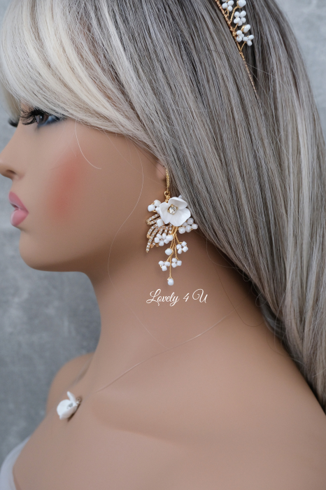 Cercei mireasa , cercei aurii mireasă, cercei lungi, cercei cu flori, cercei cu frunze, cercei handmade, bijuterii mireasa, Set bijuterii mireasa,  cercei eleganti mireasa, cercei handmade, cercei mireasa, [12]