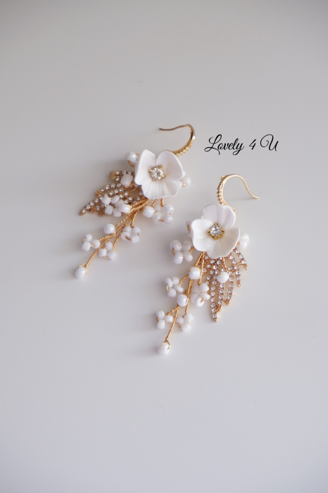 Cercei mireasa , cercei aurii mireasă, cercei lungi, cercei cu flori, cercei cu frunze, cercei handmade, bijuterii mireasa, Set bijuterii mireasa,  cercei eleganti mireasa, cercei handmade, cercei mireasa, [8]