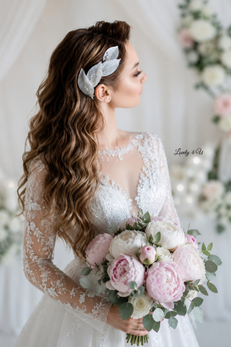 Diadema Mireasă Swarovski ALEXIA – Accesoriu Boem cu Cristale și Frunzulițe Argintate,PIEPTAM MIREASA, ACCESORIU BOEM MIREASA,  ACCESORII LOVELY 4 U, PIEPTAN VOAL MIREASA, PIEPTAN CU CRISTALE SWAROVSKI,  DIADEMA CU SWAROVSKI,  DIADEMA MIREASA, [14]