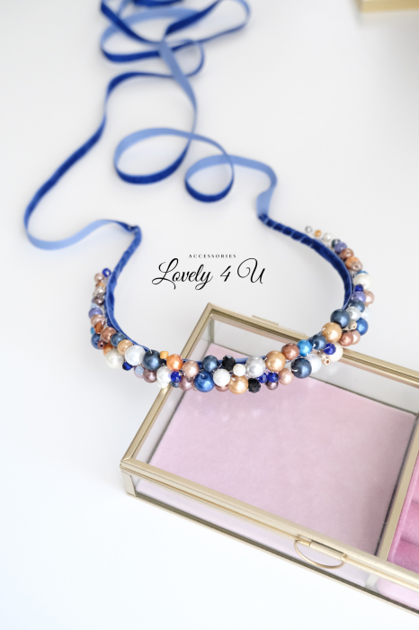 Catifea albastra, coroniță cu perle, bentiță elegantă, cordeluta cu perle, cordeluță catifea, perle blue,crem, maro, cappuccino, bijuterii elegante,cadou de lux, bijuterii de lux, accesorii Lovely 4 U [5]