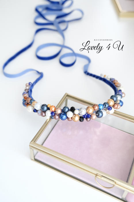 Catifea albastra, coroniță cu perle, bentiță elegantă, cordeluta cu perle, cordeluță catifea, perle blue,crem, maro, cappuccino, bijuterii elegante,cadou de lux, bijuterii de lux, accesorii Lovely 4 U [4]
