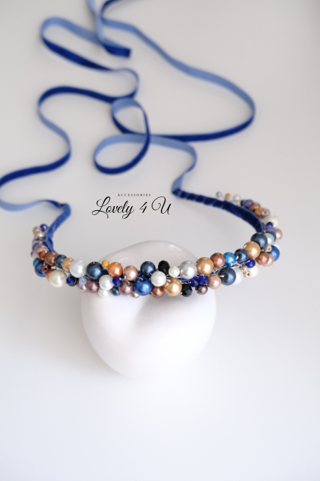 Catifea albastra, coroniță cu perle, bentiță elegantă, cordeluta cu perle, cordeluță catifea, perle blue,crem, maro, cappuccino, bijuterii elegante,cadou de lux, bijuterii de lux, accesorii Lovely 4 U [6]