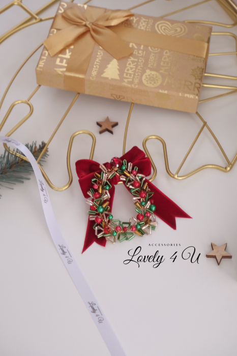 Karinna - Broșă bradut magic Happy Christmas , Broșă festiva in tonuri de auriu și roșu [5]