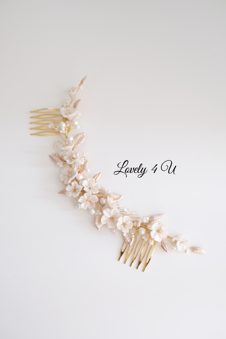 Diadema cu flori, Flori cireș, flori mireasă, Frunze aurii, Diadema mireasa cu perle, Diadema aurie, accesorii de par mireasa, bijuterii păr, accesorii, pieptan voal mireasa, accesorii voal mireasa [6]