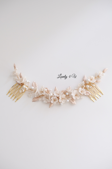 Diadema cu flori, Flori cireș, flori mireasă, Frunze aurii, Diadema mireasa cu perle, Diadema aurie, accesorii de par mireasa, bijuterii păr, accesorii, pieptan voal mireasa, accesorii voal mireasa [4]