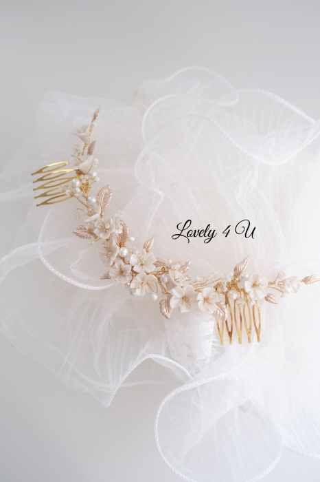 Diadema cu flori, Flori cireș, flori mireasă, Frunze aurii, Diadema mireasa cu perle, Diadema aurie, accesorii de par mireasa, bijuterii păr, accesorii, pieptan voal mireasa, accesorii voal mireasa [2]