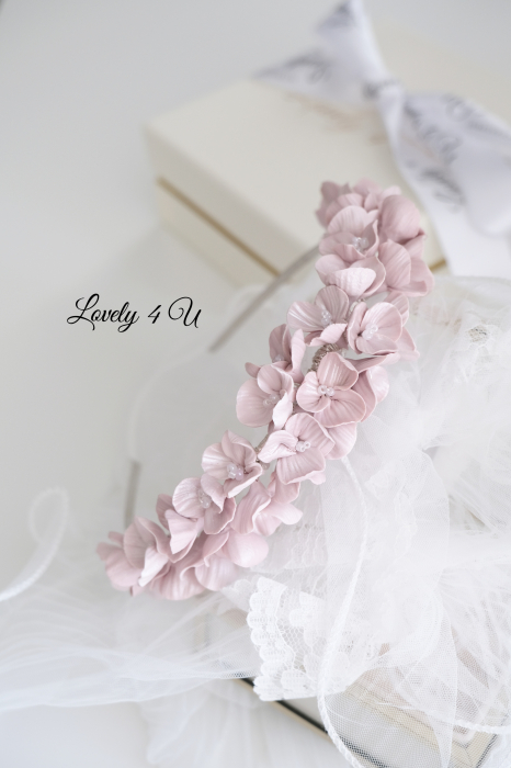Diadema mireasa cu flori Lovely 4 U, Tiara cu flori, Tiara mireasa cu flori, coronițe cu flori mireasa, bijuterii mireasa, diadema mireasa cu flori roz, Tiara, coronițe mireasa 2023, flori polimer, Flori portelan [4]