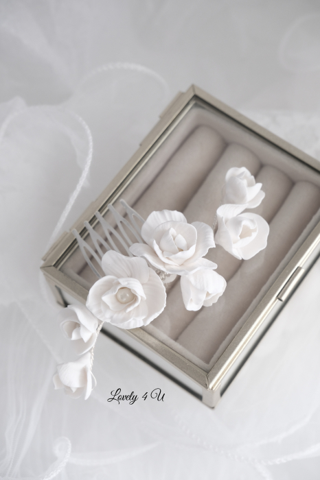 Diadema cu flori, peony accesorii, bijuterii cu flori bujori, tiara cu flori, pieptan voal mireasa cu flori, accesorii lovely 4 u , accesorii 2023, agrafa par mireasa, accesorii par nunta, accesoriu de par lateral, bijuterii [14]