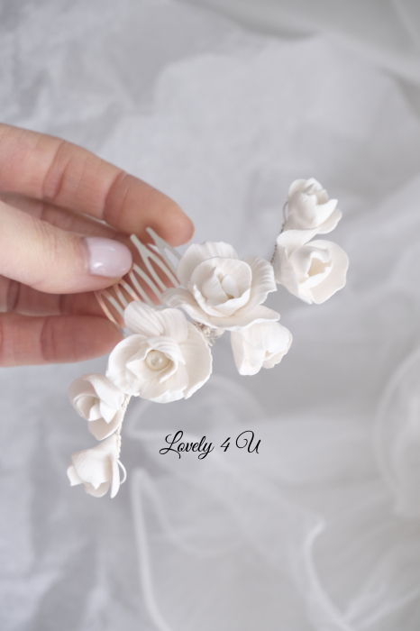 Diadema cu flori, peony accesorii, bijuterii cu flori bujori, tiara cu flori, pieptan voal mireasa cu flori, accesorii lovely 4 u , accesorii 2023, agrafa par mireasa, accesorii par nunta, accesoriu de par lateral, bijuterii [12]