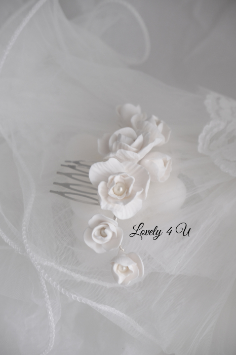 Diadema cu flori, peony accesorii, bijuterii cu flori bujori, tiara cu flori, pieptan voal mireasa cu flori, accesorii lovely 4 u , accesorii 2023, agrafa par mireasa, accesorii par nunta, accesoriu de par lateral, bijuterii [13]