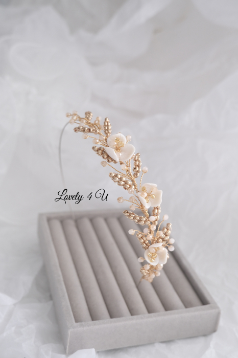 accesoriu flori mireasa, accesoriu par nunta, coronita aurie mireasa, diadema aurie mireasa, diademă boemă pentru mireasă, coronita simetrica, accesorii lovely 4 u, bijuterii mireasa, accesorii nunta [8]