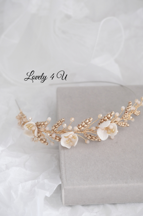 accesoriu flori mireasa, accesoriu par nunta, coronita aurie mireasa, diadema aurie mireasa, diademă boemă pentru mireasă, coronita simetrica, accesorii lovely 4 u, bijuterii mireasa, accesorii nunta [4]