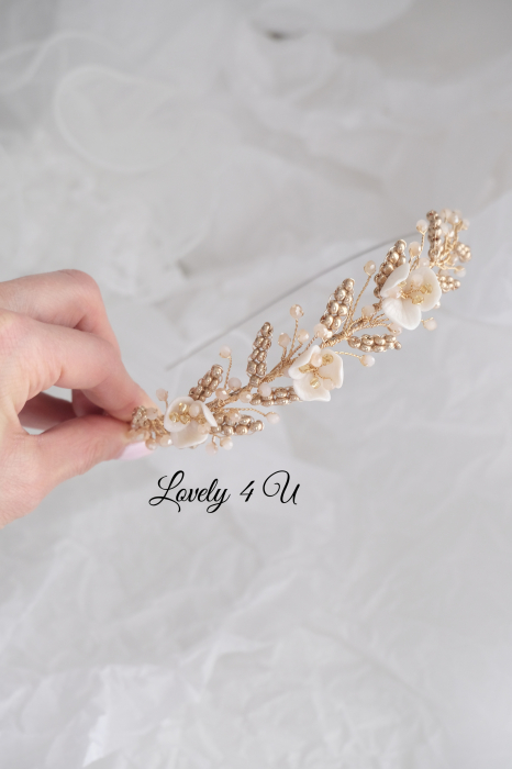 accesoriu flori mireasa, accesoriu par nunta, coronita aurie mireasa, diadema aurie mireasa, diademă boemă pentru mireasă, coronita simetrica, accesorii lovely 4 u, bijuterii mireasa, accesorii nunta [2]