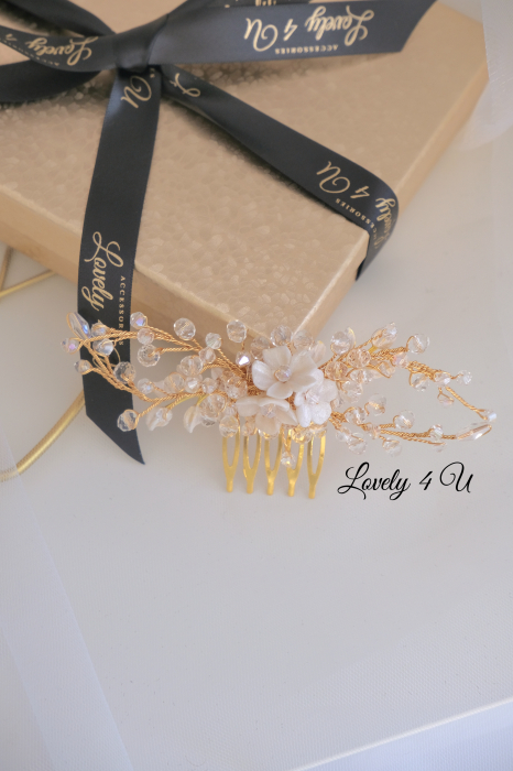 Agrafă par mireasa, Accesorii mici mireasă, Accesoriu mic de par, Diadema mireasa, Diadema cu flori, pieptan mic mireasă, Pieptan voal mireasa,Flori cireș, Diademe cristale, Frunzulițe, Bijuterii, [9]