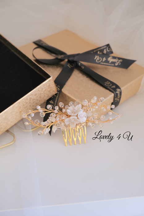 Agrafă par mireasa, Accesorii mici mireasă, Accesoriu mic de par, Diadema mireasa, Diadema cu flori, pieptan mic mireasă, Pieptan voal mireasa,Flori cireș, Diademe cristale, Frunzulițe, Bijuterii, [5]