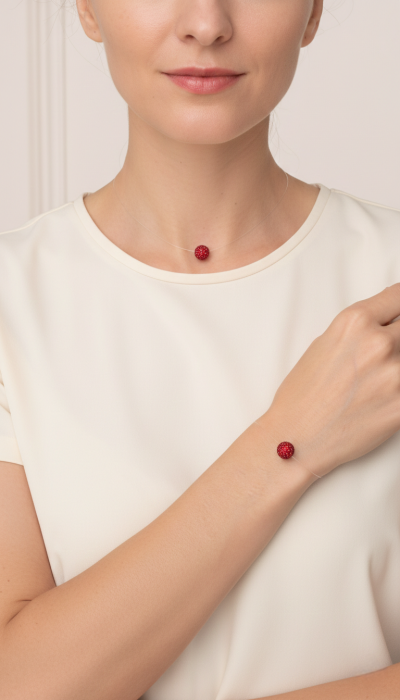 FLOATING PEARL # Shamballa – AURA SET cu perlă plutitoare roșie pe fir invizibil, handmade LOVELY 4 U [4]