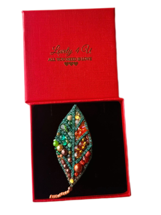 Frunza eleganta - brosa model unicat cu cristale, perle, pietre unakit, jad , handmade in Romania , mesaj pe verso YOU ARE BEAUTIFUL, Believe in Yourself, L 7 cm [4]